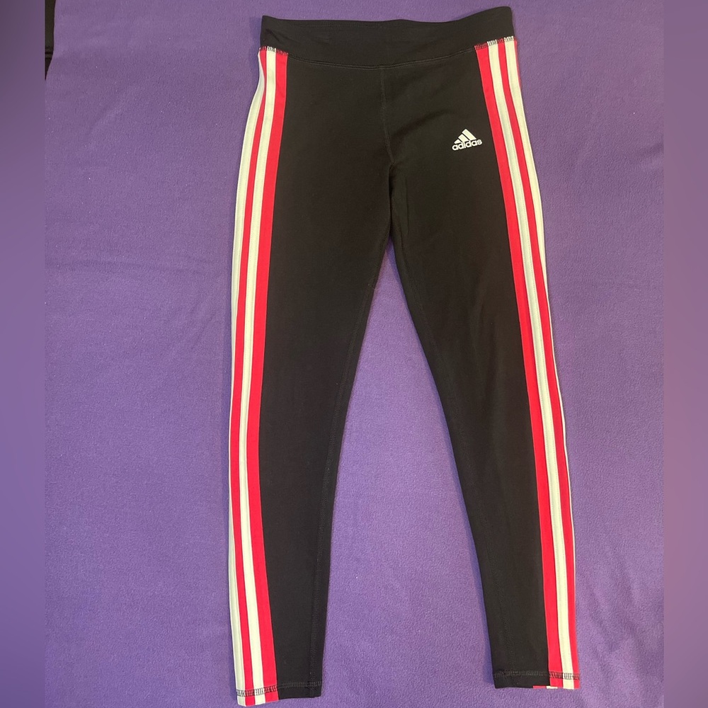 Adidas Kids Black Leggings with Dark Pink Stripes Size Medium